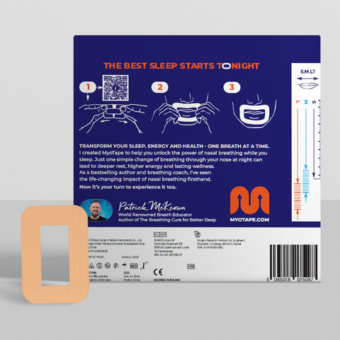 MyoTape Sensitive Medium, 30 Klebestreifen sowie eine Verpackung mit einer 3-Schritte-Anleitung und einer Größentabelle.