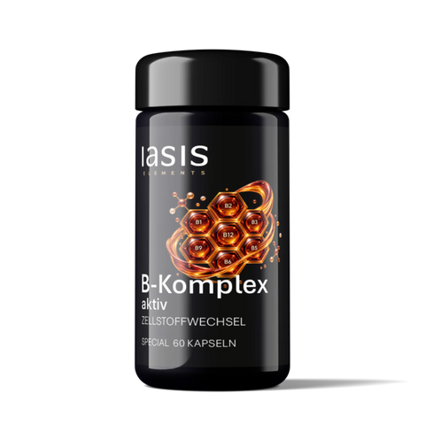 IASIS Elements B-Komplex aktiv, Dose mit 60 Kapseln und Waben-Motiv.