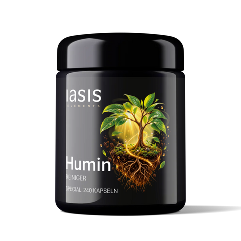 IASIS Elements Humin I, schwarze Dose mit 240 Kapseln und Etikett mit Baumwurzelmotiv.
