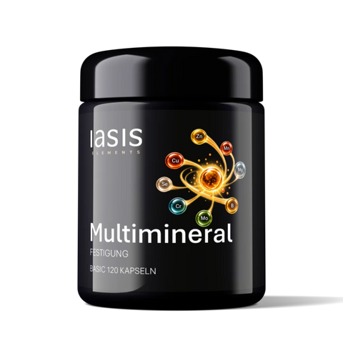 Schwarze Kunststoffdose „Multimineral Festigung“, 120 Kapseln, mit einer Grafik aus leuchtenden Mineralien, die um ein Zentrum kreisen.