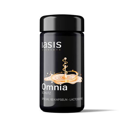 IASIS Elements Omnia I Schutz, schwarze zylindrische Dose mit 60 Kapseln und goldenem Grafikmotiv in Form eines Flüssigkeitstropfens.