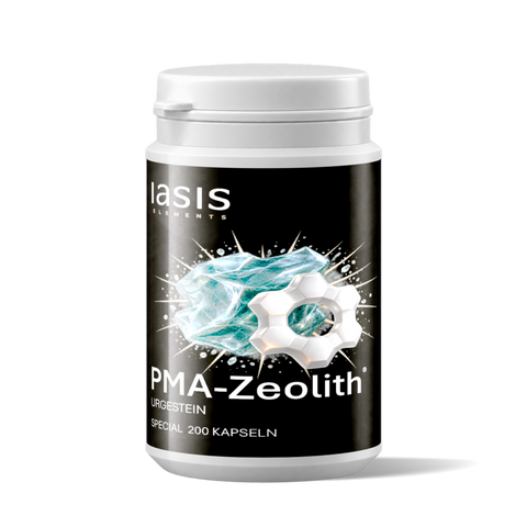 IASIS Elements PMA-Zeolith Urgestein, weiße Kunststoffdose mit 200 Kapseln und abstraktem Kristall-Grafikdesign.