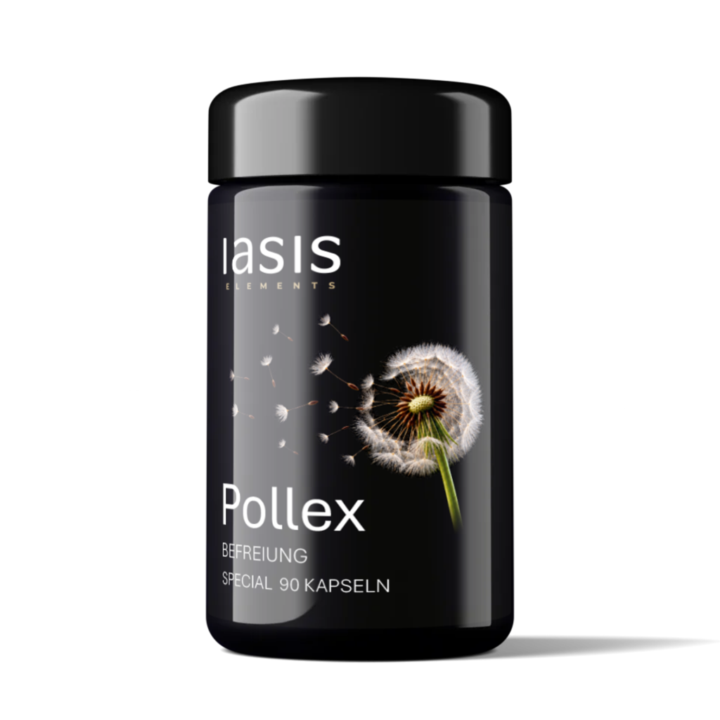 IASIS Elements Pollex Befreiung, schwarze Dose mit 90 Kapseln, Pusteblumen-Motiv und weißer Schrift.