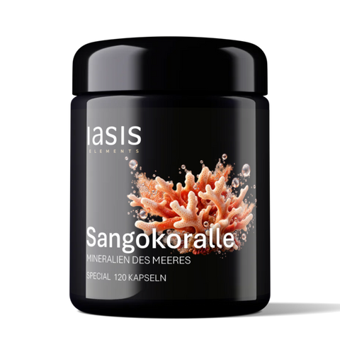 IASIS Elements Sangokoralle, schwarze Kunststoffdose mit 120 Kapseln und Korallenmotiv.