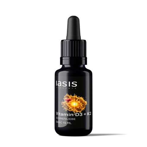 Sonnenliebe Vitamin D3+K2-Tropfen, dunkle Glas-Tropfflasche 15 ml mit Sonnenmotiv.