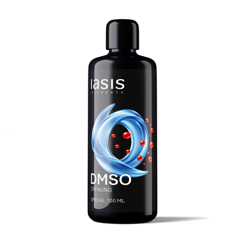 DMSO-Flasche (100 ml) mit schwarzem Verschluss, blauem, kreisförmigem Grafikdesign und roten Punkten auf dem Etikett.