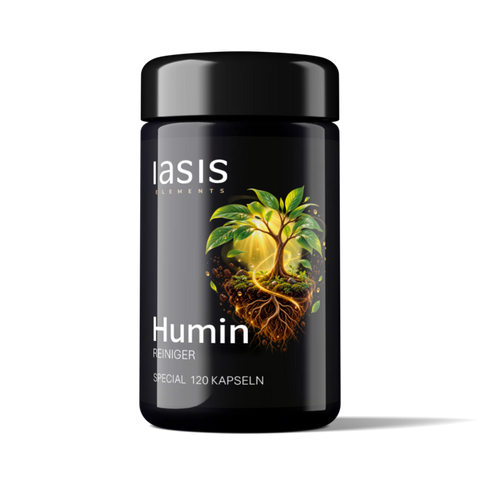 Schwarze Flasche mit Baum-Motiv, beschriftet mit „Humin I Reinigung I 120 Kapseln“.