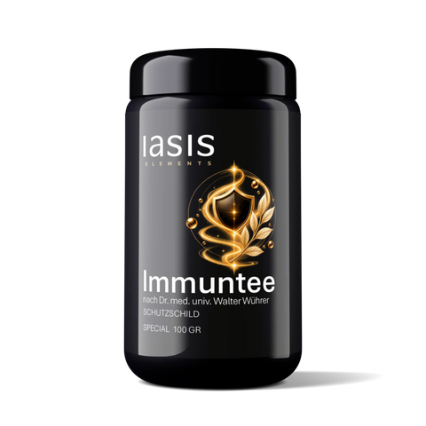 Black Immuntee I Schutzschild, 100-g-Dose mit goldenem Schild und Lorbeerkranz-Motiv.