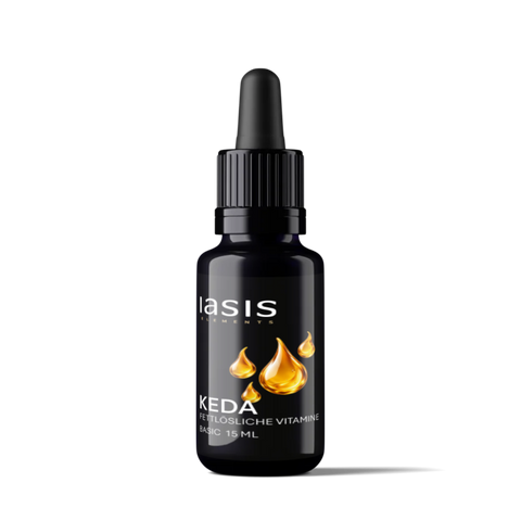 Dunkle Glasflasche mit Pipette, Etikett „KEDA Tropfen“, fettlösliche Vitamine, 15 ml, goldene Flüssigkeitstropfen.