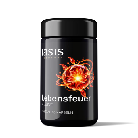 IASIS Elements Lebensfeuer Vitalität 60 Kapseln, Dose mit Flammenmotiv.