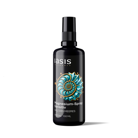 Schwarzes Magnesium-Spray Sensitiv, 100-ml-Flasche mit türkis-goldener Nautilus-Grafik und Text.