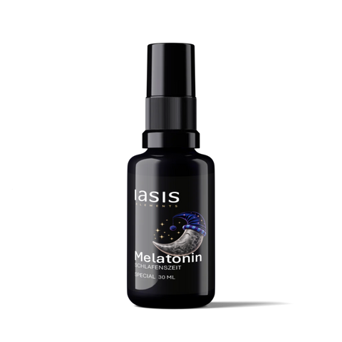 Melatonin-Spray, schwarze 15-ml-Flasche mit der Aufschrift „Melatonin“ und einer Mondsichel mit Nachtmütze.