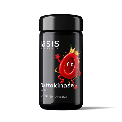 Schwarze Flasche Nattokinase I Löser I 90 Kapseln mit einem roten Blutkörperchen im Cartoon-Stil mit Krone und Enzymaktivität.