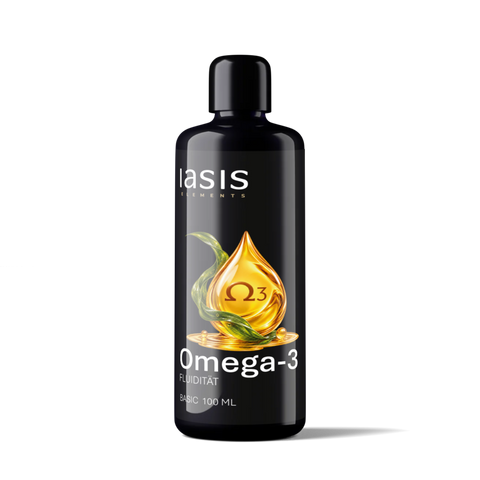 IASIS Elements Omega-3, schwarze 100-ml-Zylinderflasche mit Pipette und Abbildung eines goldenen Öltropfens.