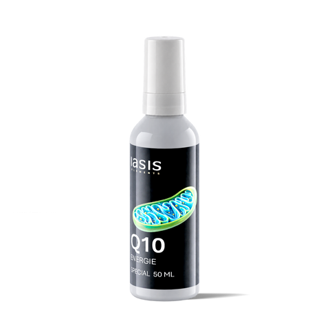 IASIS Elements Q10 Energie, weiße Sprühflasche 50 ml mit Mitochondrien-Etikett.