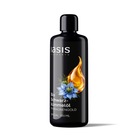 IASIS Elements Pharaonengold Schwarzkümmelöl, 100-ml-Flasche mit einer Grafik, die eine Kümmelblüte und einen Öltropfen zeigt.