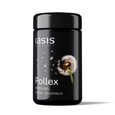 IASIS Elements Pollex Befreiung, schwarze Dose mit 90 Kapseln, Pusteblumen-Motiv und weißer Schrift.
