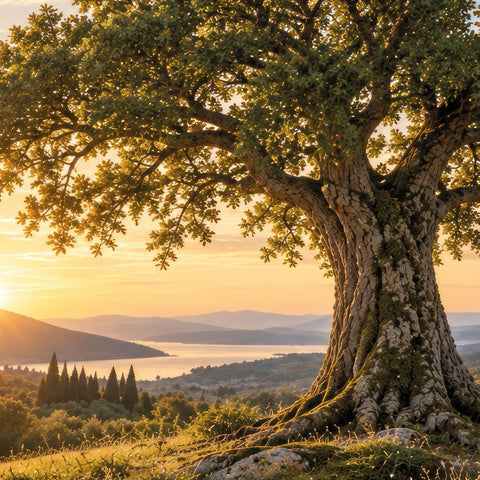 IASIS Elements: Großer Baum mit strukturiertem Stamm bei Sonnenuntergang über einem See, im Hintergrund Berge.